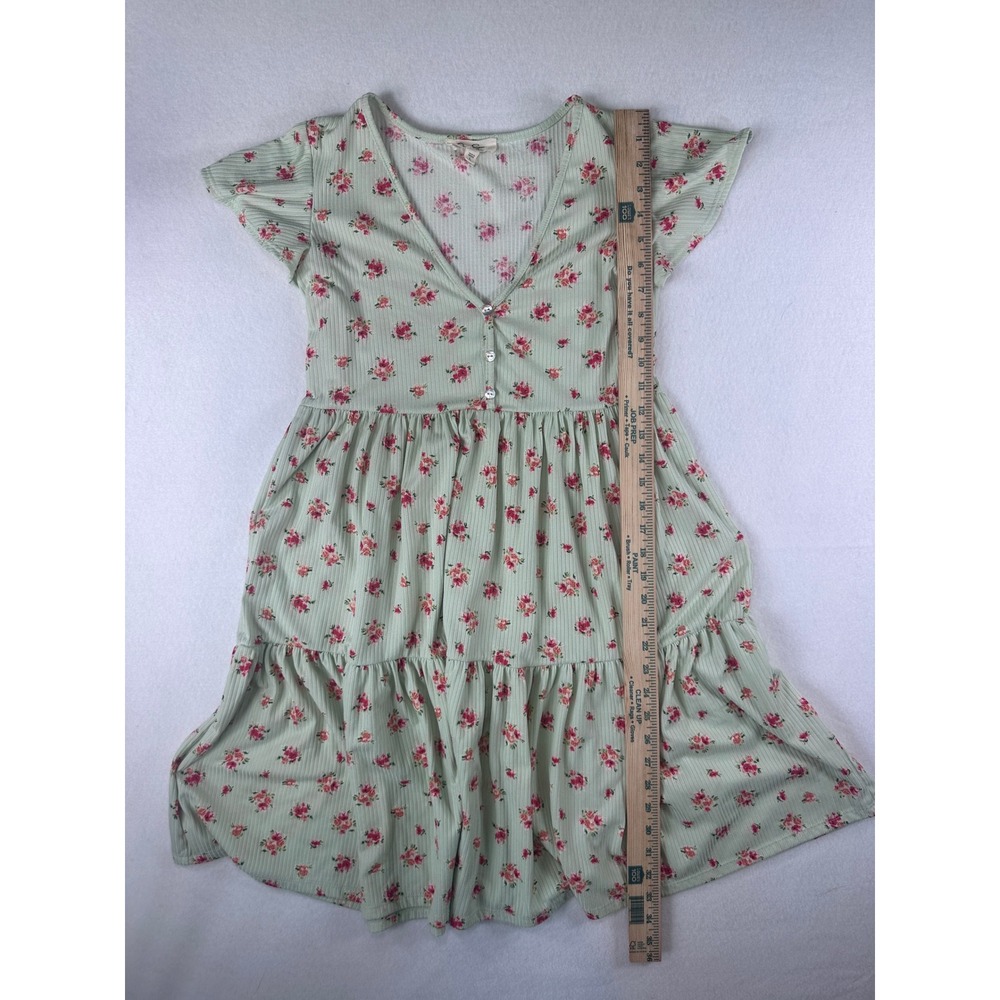 Jessica Simpson Women Floral Ribbed Babydoll Mini Dress Sage Green Pink Rose L - Picture 11 of 12